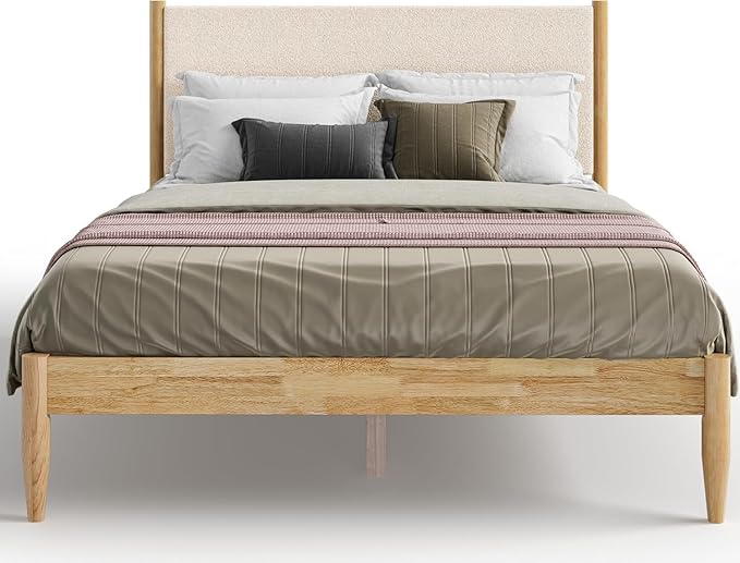 DG Casa Reign Boucle Mid-Century Modern King Size Wooden Platform Bed Frame - Upholstered in Taupe Boucle - Solid Wood with Natural Finish