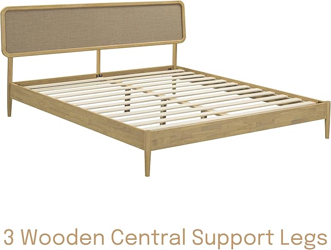 NTC Lupin Wooden Bed Frame with Headboard, Solid Oak and Rubber Wood Foundation with Silent Slats and Wood Central Supports, 1000 Lb Capacity, King - Sand