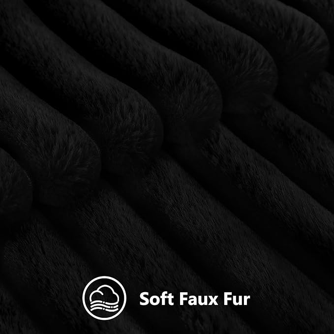 decorUhome Faux Fur Throw Pillow Covers 12x20 Set of 2, Decorative Soft Plush Striped Lumbar Neutral Euro Pillow Covers with Velvet Back for, Bed, Living Room Home Decor, Black