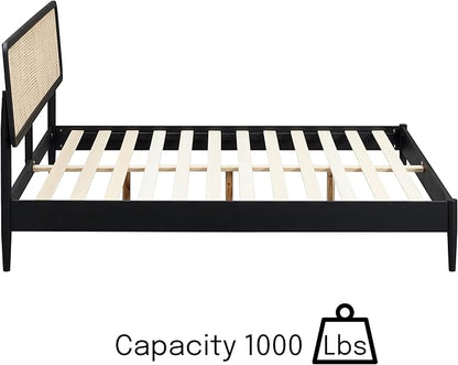 NTC Lupin Wooden Bed Frame with Headboard and Natural Rattan, Solid Oak Foundation with Silent Slats, 1000 Lb Capacity, Effortless Assembly, King - Burnt Black
