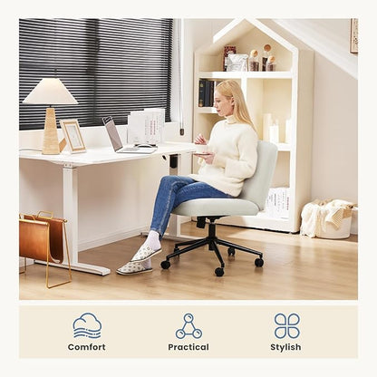DUMOS Criss Cross Chair with Wheels, Wide Cross Legged Desk Vanity Chairs, Fabric Armless Adjustable Swivel Chairs for Home Computer Task, Beige