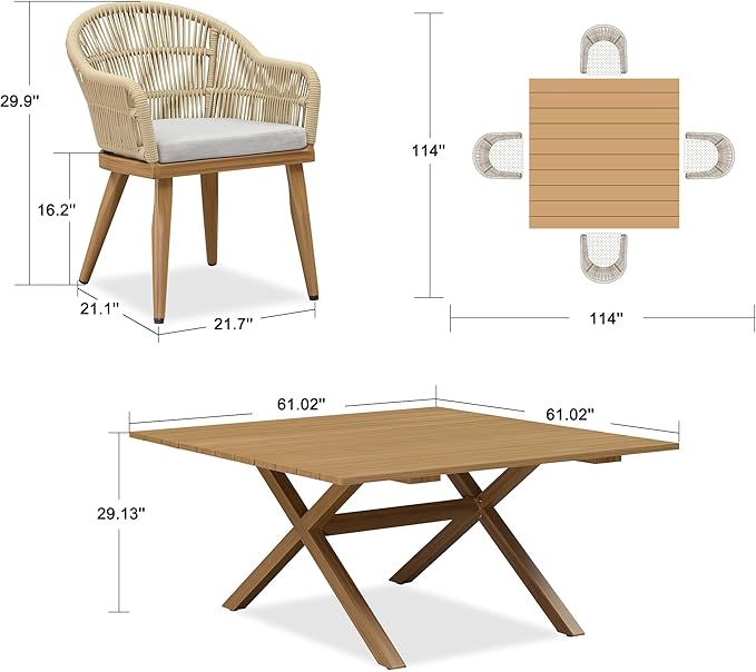 PURPLE LEAF 5 Pieces Oversized Square Patio Dining Set with Outdoor Aluminium Dining Table and Woven Chairs Modern Metal Furniture Cushions Sets for Garden Yard Indoor Decor Kitchen Teak