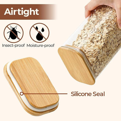 ComSaf 2.2 Qt Rectangle Glass Storage Containers with Lids, Glass Jars with Bamboo Lids, Clear Food Storage Jar, Tall Spaghetti Container, Pantry Storage Container for Pasta Flour Oats Nuts Rice