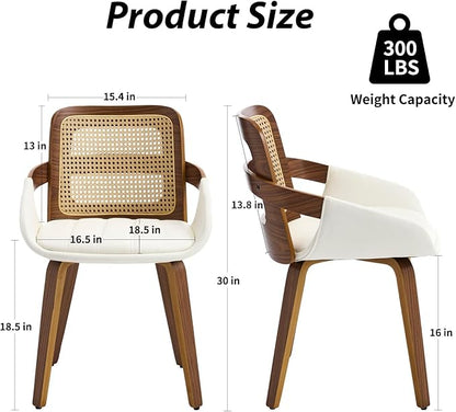 Dining Chairs Set of 2, Mid Century Modern Dining Room Chairs with Arms and Rattan Back PU Leather Upholstered Bentwood Kitchen Chairs for Home Restaurant Office - Beige