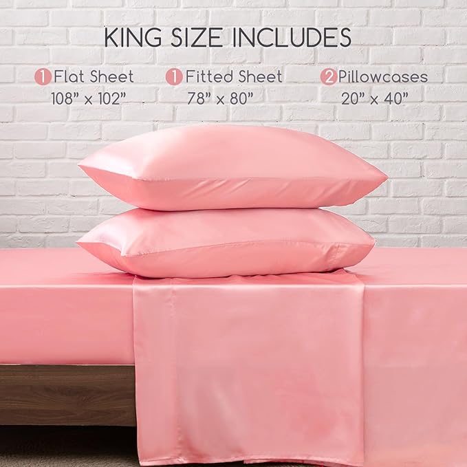 MR&HM Satin Bed Sheets, King Size Sheets Set, 4 Pcs Silky Bedding Set with 15 Inches Deep Pocket for Mattress (King, Blush)