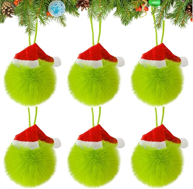 6 Pack Lime Green Furry Christmas Ball Ornaments with Santa Hat, 2.36 Inches Soft Fluffy-Pom-Pom Xmas Tree Hanging Decor for Holiday Home Party Fireplace Wall Decoration(Santa Hat)