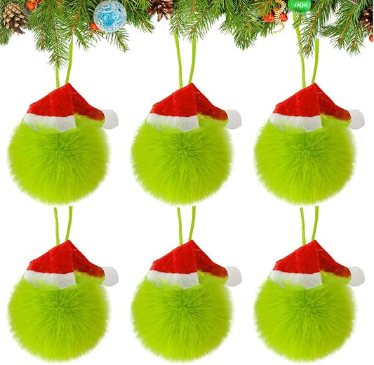 6 Pack Lime Green Furry Christmas Ball Ornaments with Santa Hat, 2.36 Inches Soft Fluffy-Pom-Pom Xmas Tree Hanging Decor for Holiday Home Party Fireplace Wall Decoration(Santa Hat)