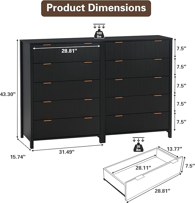 5 Drawer Double Dresser for Bedroom, Modern Wide Chest of Drawers with Fluted Panel Design,Wood Storage Dressers Chest of Drawers for Bedroom Living Room Hallway Closet,Black,2 Sets
