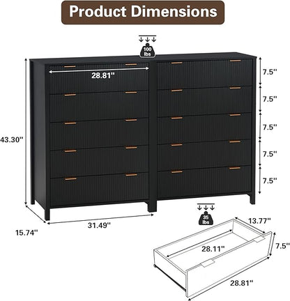 5 Drawer Double Dresser for Bedroom, Modern Wide Chest of Drawers with Fluted Panel Design,Wood Storage Dressers Chest of Drawers for Bedroom Living Room Hallway Closet,Black,2 Sets
