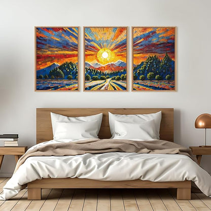 HOURIA Large Natural Mountain Forest Framed Canvas Wall Art Set,Wilderness Sunrise Wall Decor,Boho Pine Tree Square Ridge Artwork,Modern Field Art Print for Living Room, Office, Farmhouse- 24"x36"x3