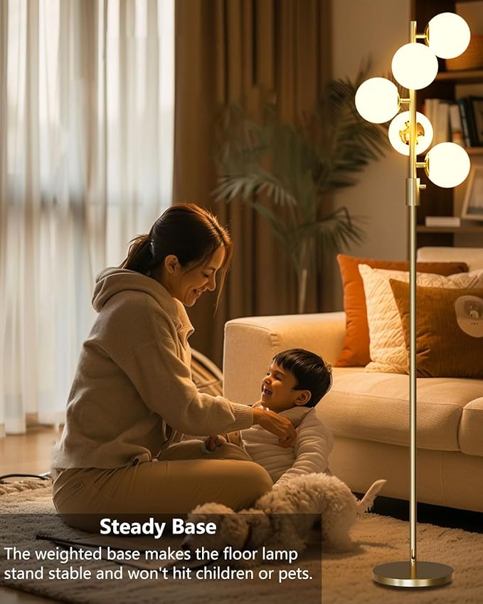 Dimmable Gold Floor Lamp, 64IN Tall Standing Lamps with 5 Globe Soft Warm White Eye Care 3000K G9 Bulbs, Mid Century Modern Floor Lamp for Living Room Bedroom Office