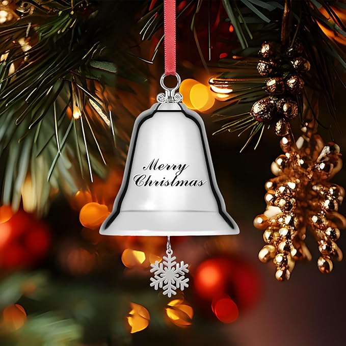 Styleonme Decorative Bells, Christmas Ornaments 2025, Engraved It's Merry Christmas 2025, Silvery Bells Decoration with Pendants Snowflakes