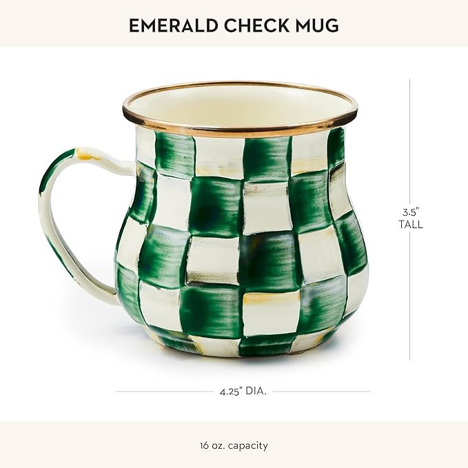 MACKENZIE-CHILDS Enamel Mug, Cute Enamelware Tea or Coffee Mug, 16 Ounces, Green-and-White Emerald Check