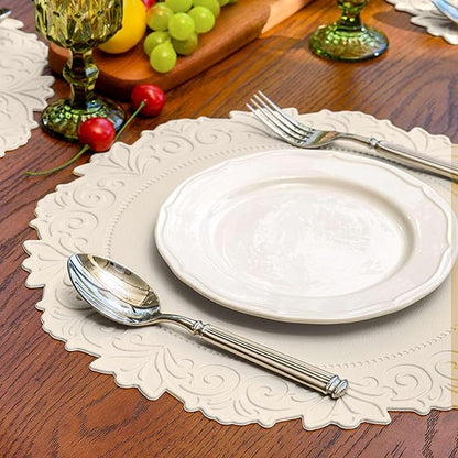 Noctiflorous Round Faux Leather 15 Inch Placemats Set of 6 Waterproof Wipeable Heat Resistant Tablemat for Dining Table Kitchen Non Slip Washable Oilproof Table Place Mat for Indoor Outdoor(Beige, 6)