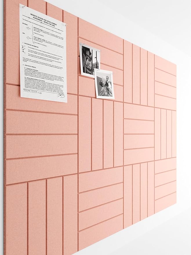Bumusty Large Cork Board Alternative-47 x35 Felt Bulletin Board Tiles, with 30 Pushpins, 70 Adhesive Tabs, 12-Pack Slat Wall Paneling, Cork Boards for Office Push Pin Board Felt Board-Pink