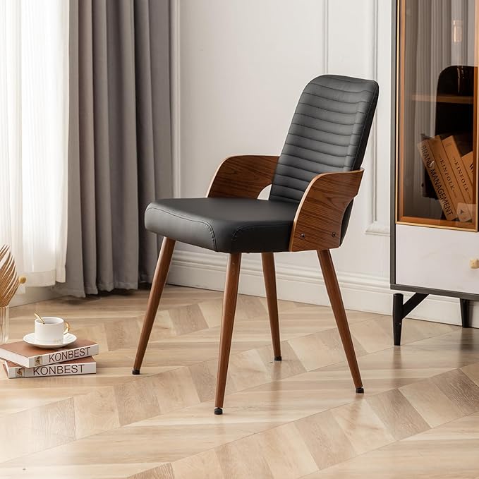 Dining Room Chairs Set of 2,Mid Century Modern Kitchen Chairs,Upholstered Faux Leather Chairs,Metal Legs Wooden Desk Chairs,Armless and No Wheels for Kitchen Dining Living Room,Black