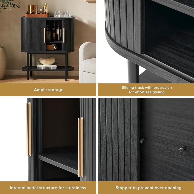 mopio Quin Storage Cabinet, Tambour Fluted Entryway Accent Console Tables, Buffet Sideboard with Doors & Shelves, Pantry Coffee Wine Bar Cabinet, Wood Console Table, Mid Century Modern (Black)