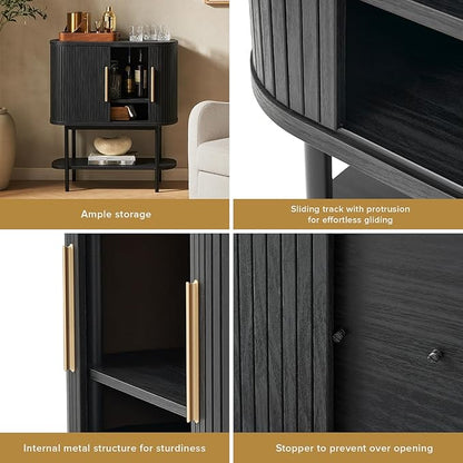 mopio Quin Storage Cabinet, Tambour Fluted Entryway Accent Console Tables, Buffet Sideboard with Doors & Shelves, Pantry Coffee Wine Bar Cabinet, Wood Console Table, Mid Century Modern (Black)