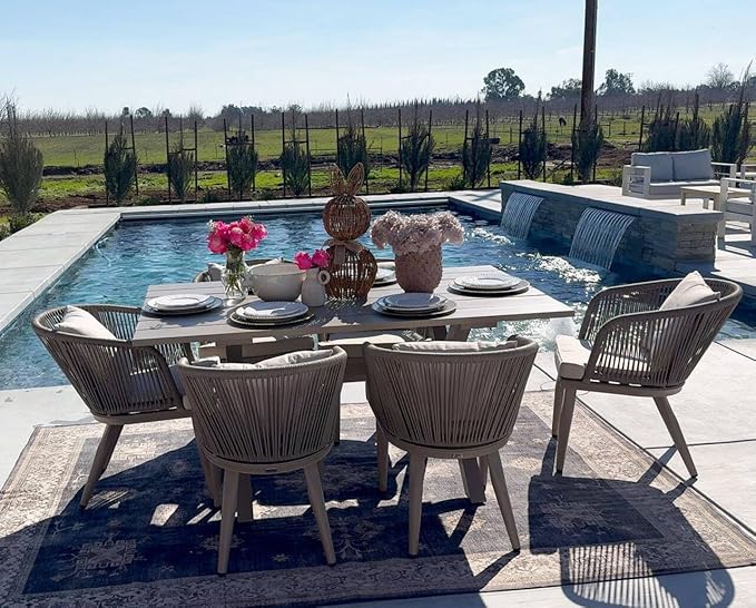 PURPLE LEAF 7 Pieces Patio Dining Table Set Wicker Outdoor Furniture Rectangular Table and Chairs Set for Garden Deck Aluminum Frame Backyard Kitchen Set, Cushions and Pillows Included Champagne