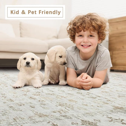 Washable Rugs 8x10 Area Rugs for Living Room,Rugs for Bedroom,Large Carpets,Ultra Soft Faux Wool Retro Dining Room Rug,Non Slip&Non-Shedding Low Pile Vintage Print Rug for Home Office-Beige