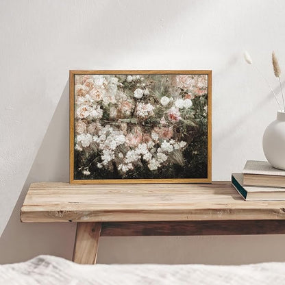 KBKBART Framed Canvas Wall Art for Living Room Bedroom Decor,Vintage Moody Floral Art Print Flower Rose Garden Canvas Painting, Rustic Bathroom Decor Wall Art, Classical Vintage Wall Art(9"x11")
