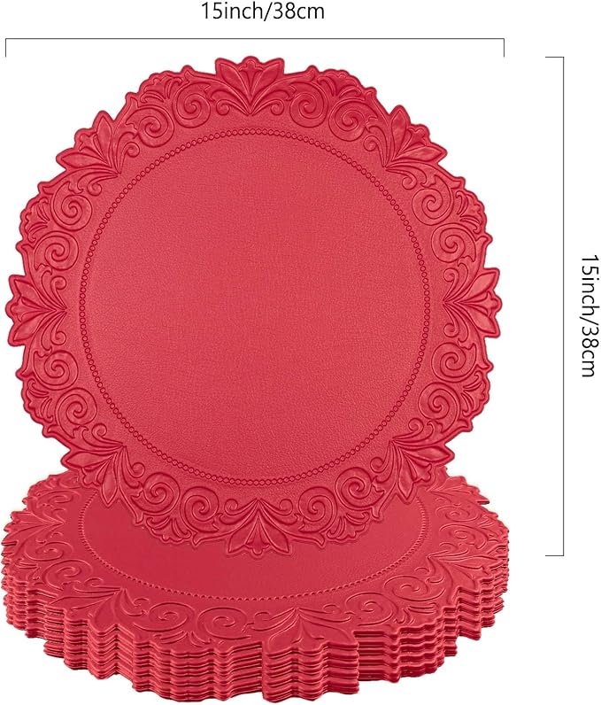 Noctiflorous Round Faux Leather 15 Inch Placemats Set of 6 Waterproof Wipeable Heat Resistant Tablemat for Dining Table Kitchen Non Slip Washable Oilproof Table Place Mat(Holly Red, 6)