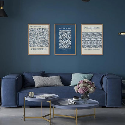 HOURIA William Morris Floral Framed Canvas Wall Art Set,Navy Blue White Flower Wall Decor,Retro Textured Botanical Artwork,Modern Neutral Blossom Art Print for Living Room,Bedroom,Office-16 x24 x3
