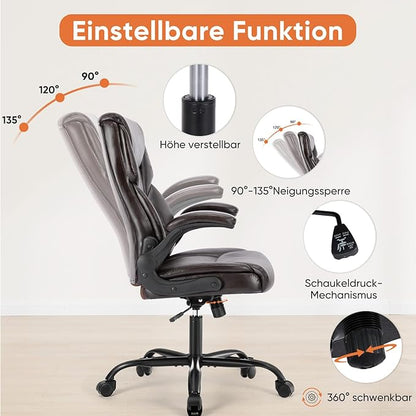 Sweetcrispy Computer Gaming Chair, Ergonomic High Back Heavy Duty Task Desk Office Chairs with Wheels, Flip-up Arms, Adjustable Height, PU Leather, Brown