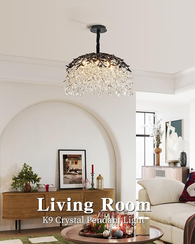 Modern Crystal Chandelier for Dining Room, 8-Light 23.62" Black Tree Branch Chandeliers, Luxury K9 Crystal Rectangular Chandeliers for Kitchen Island Living Room
