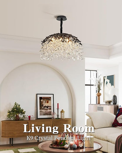 Modern Crystal Chandelier for Dining Room, 8-Light 23.62" Black Tree Branch Chandeliers, Luxury K9 Crystal Rectangular Chandeliers for Kitchen Island Living Room