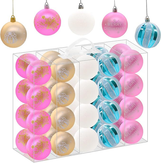 40PCS 2.36" Christmas Balls Ornaments, Plastic Christmas Tree Ornaments, Holiday Baubles, Hanging Decorations for Xmas Trees Holiday Party, Blue White Pink Baubles