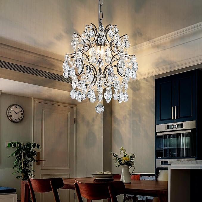 Bestier Black Modern Pendant Chandelier Crystal Raindrop Lighting Ceiling Light Fixture Lamp for Dining Room Bathroom Bedroom Livingroom entryway 1 E26 Bulbs Required D13 in x H16 in