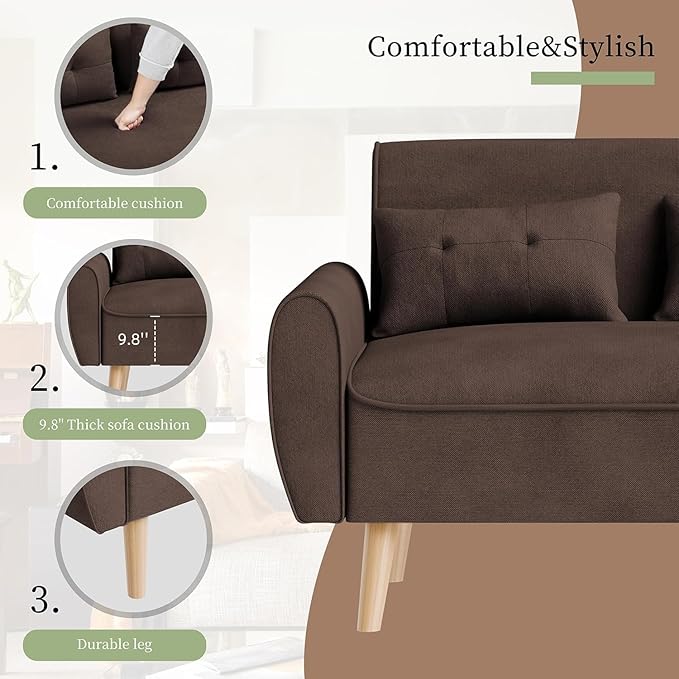 Vongrasig Small Modern Sofa, Mid Century Linen Fabric 3-Seat Sofa Couch Tufted with Back Cushions and Tapered Legs for Living Room, Bedroom and Small Space, Brown