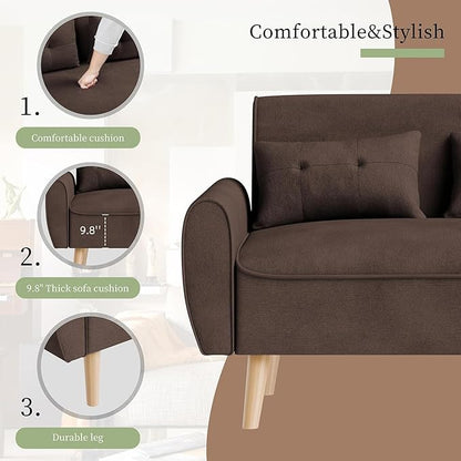Vongrasig Small Modern Sofa, Mid Century Linen Fabric 3-Seat Sofa Couch Tufted with Back Cushions and Tapered Legs for Living Room, Bedroom and Small Space, Brown