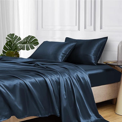 MR&HM Satin Bed Sheets with Elastic Corner Straps, Queen Size Sheets Set, 4 Pcs Silky Bedding Set with 15 Inches Deep Pocket for Mattress (Queen, Mood Indigo)
