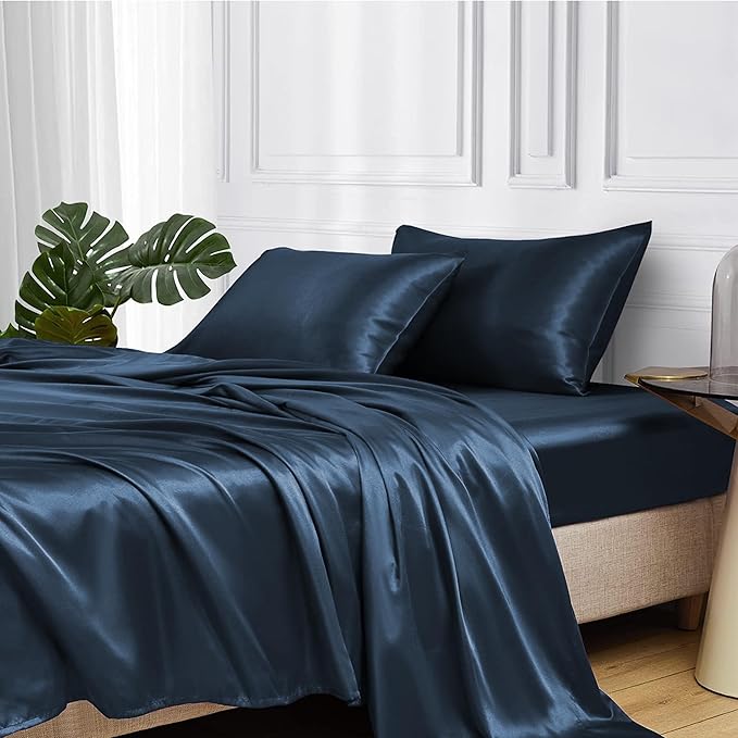 MR&HM Satin Bed Sheets with Elastic Corner Straps, Full Size Sheets Set, 4 Pcs Silky Bedding Set with 15 Inches Deep Pocket for Mattress (Full, Mood Indigo)