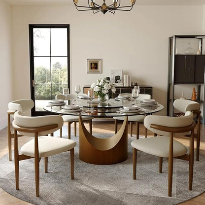 POVISON 59" Round Dining Table for 4-6 with 31" Lasy Susan, Glass Tabletop Dining Table with Bronze Carbon Steel Pedestal, Modern Dining Room Table for Kitchen, Living Room (Table Only)