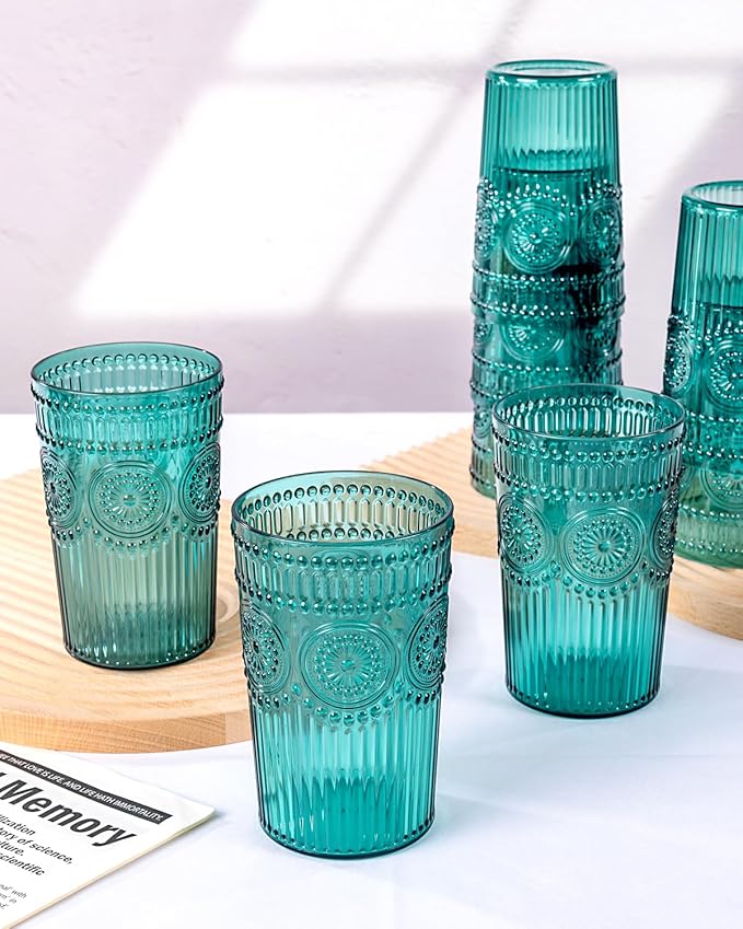 Ciaell 12 Pack Romantic Plastic Water Glasses - 14 Oz Green Vintage Drinking Glasses, Embossed Ribbed Plastic Cups, Textured Striped Set for Juice, Beverages, Beer, Cocktail, Christmas