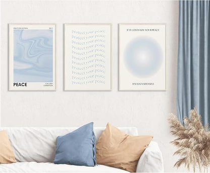 Blue Aura Wall Art Decor Retro Aesthetic Canvas Wall Art Pastel Abstract Pictures Prints Preppy Gradient Spiritual Poster Trendy Artwork Blue Painting for Room Bedroom 12x16 Inch Unframed Set of 3