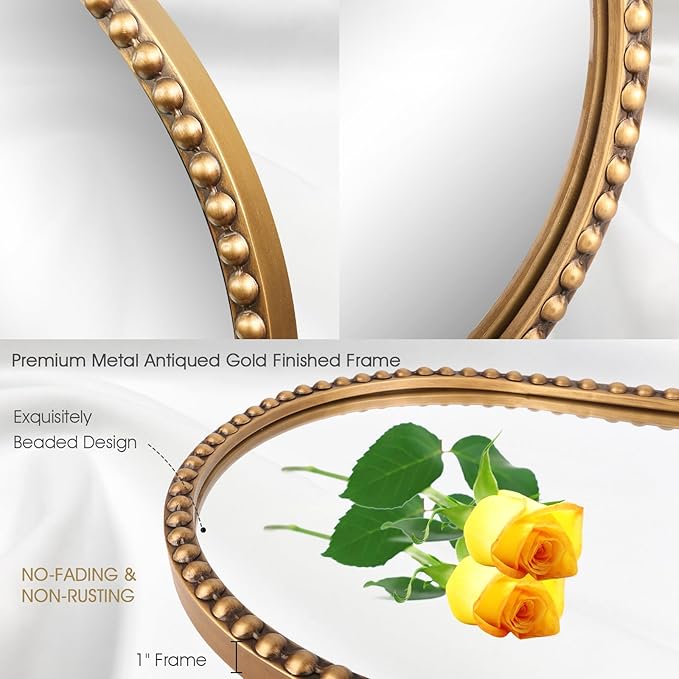 Oval Full Length Wall Mirror, 20"x53" Metal Beaded Frame Large Hanging Dressing Floor Mirror for Bedroom, Living Room, Entryway, Antique Gold (No Stand)