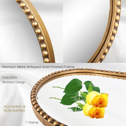 Oval Full Length Wall Mirror, 20"x53" Metal Beaded Frame Large Hanging Dressing Floor Mirror for Bedroom, Living Room, Entryway, Antique Gold (No Stand)