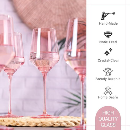 Physkoa Pink Wine Glasses Set 6-15oz Crystal Blush Pink Wine Glasses With Long Stem and Thin Rim,Perfect Pink Colored Wine Stemware for Wine Lover in Wedding,Bridal Shower
