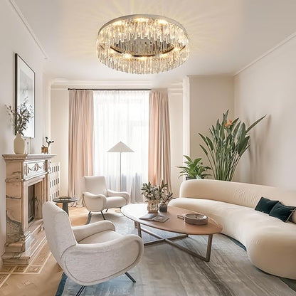 Modern Chandelier for Living Room, 24in Flush Mount Crystal Ceiling Light Fixture Chrome Large Raindrop Chandelier Lighting Fixture for Dining Room Living Room Bedroom Kitchen