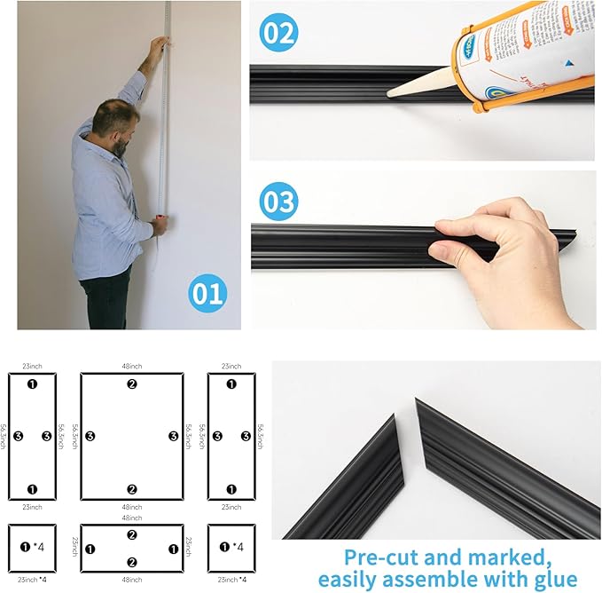 Art3d Pre-Cut Wall Molding Set of 6 pcs, Ready-to-Assemble Wainscoting Panels for Interior Wall Décor Living Room Bedroom Accent Wall - Installed with Glue, 3 Top 3 Bottom, Black