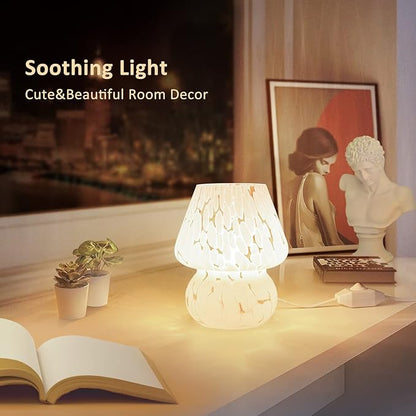 ONEWISH Cute Mushroom Lamp Small Table Lamp Set of 2 Stepless Dimmable, Translucent Glass White Nightstand Lamp for Bedroom Dorm Kids Room Living Kitchen, Murano Aesthetic Home Decor
