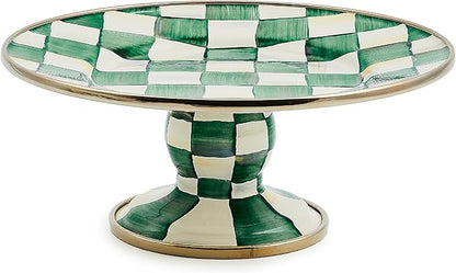 MACKENZIE-CHILDS Enamel Pedestal Platter, Round Cake Stand, Mini, Green-and-White Emerald Check