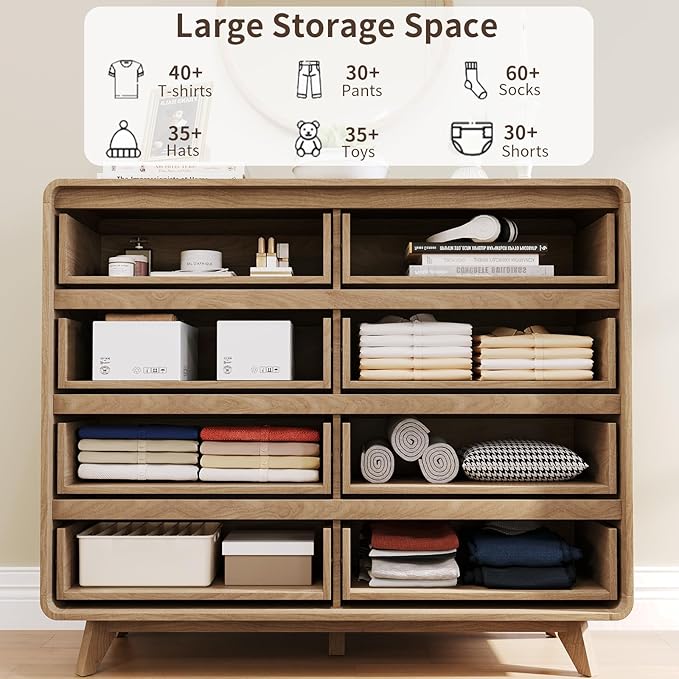 Fluted 8 Drawers Dresser for Bedroom, 48" Wide Wood Dressers & Chests of Drawers Slides Pre-Installed, Wooden Dresser TV Stand, Modern Closet Clothes Storage Organizer for Living Room, Natural Oak