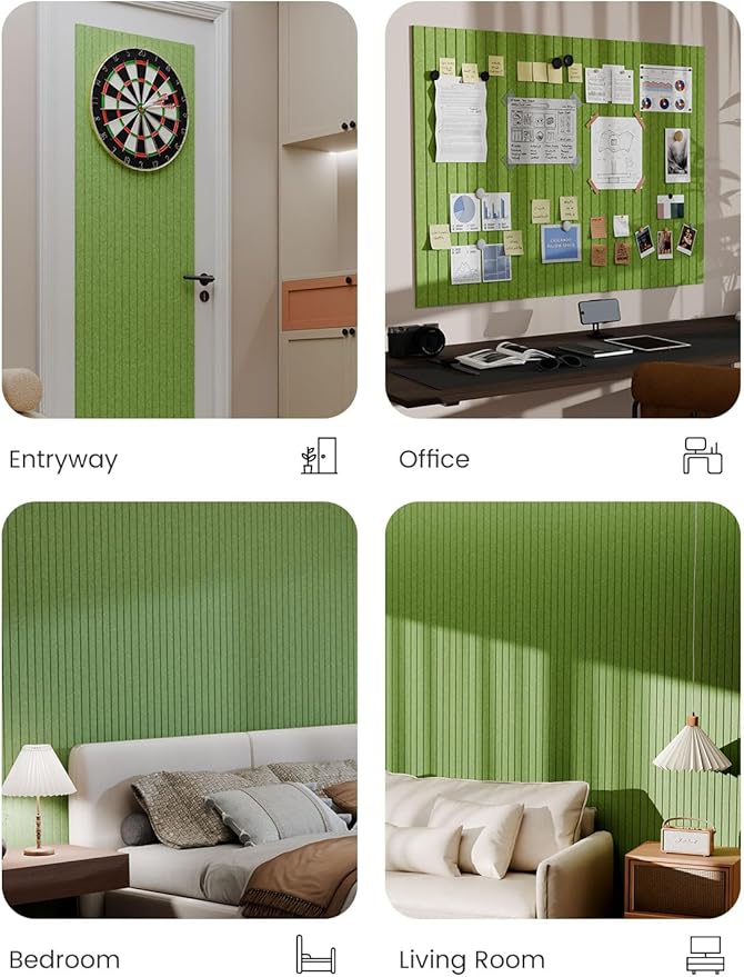 Bumusty Large Cork Board Alternative-47 x35 Felt Bulletin Board Tiles, with 30 Pushpins, 70 Adhesive Tabs, 12-Pack Slat Wall Paneling, Cork Boards for Office Push Pin Board Felt Board-Grass Green