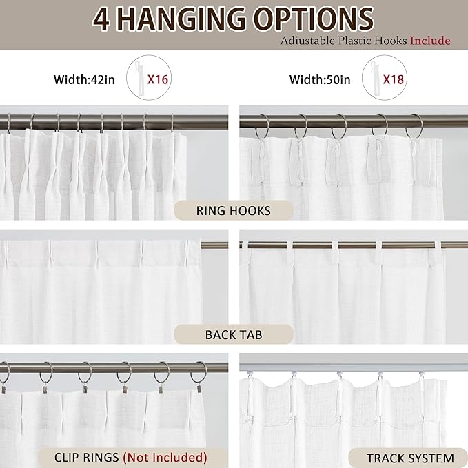 White Linen Pinch Pleated Semi Sheer Curtains 2 Panels 45 Inches Long, Back Tab with Hooks, Window Treatment Curtains for Bedroom Cabin 42 Inch Wide