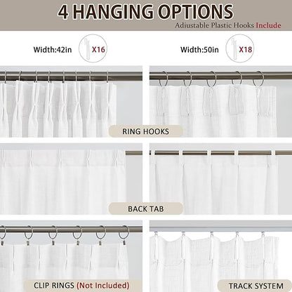 White Linen Pinch Pleated Semi Sheer Curtains 2 Panels 45 Inches Long, Back Tab with Hooks, Window Treatment Curtains for Bedroom Cabin 42 Inch Wide
